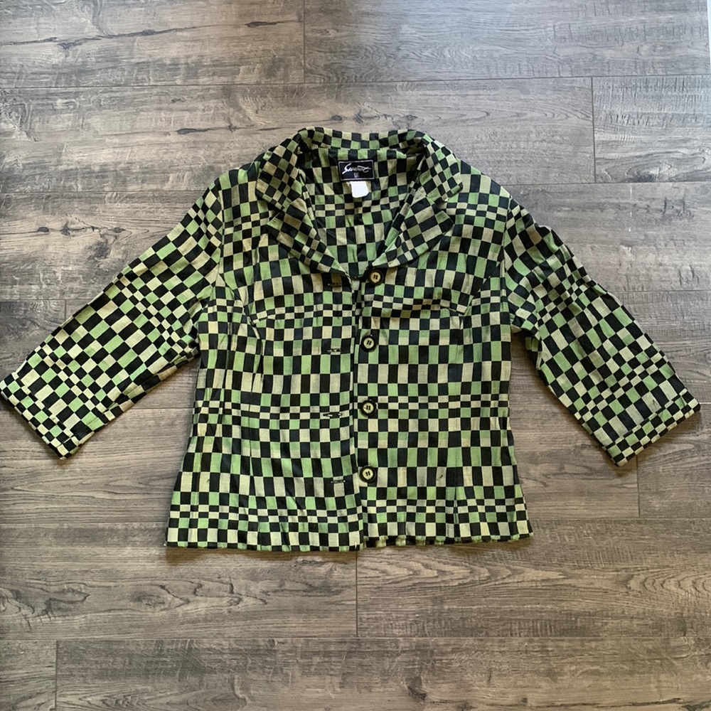 Sweet Suit Vintage Black and Green Checkered Blazer/ Size:  16 inch shoulder